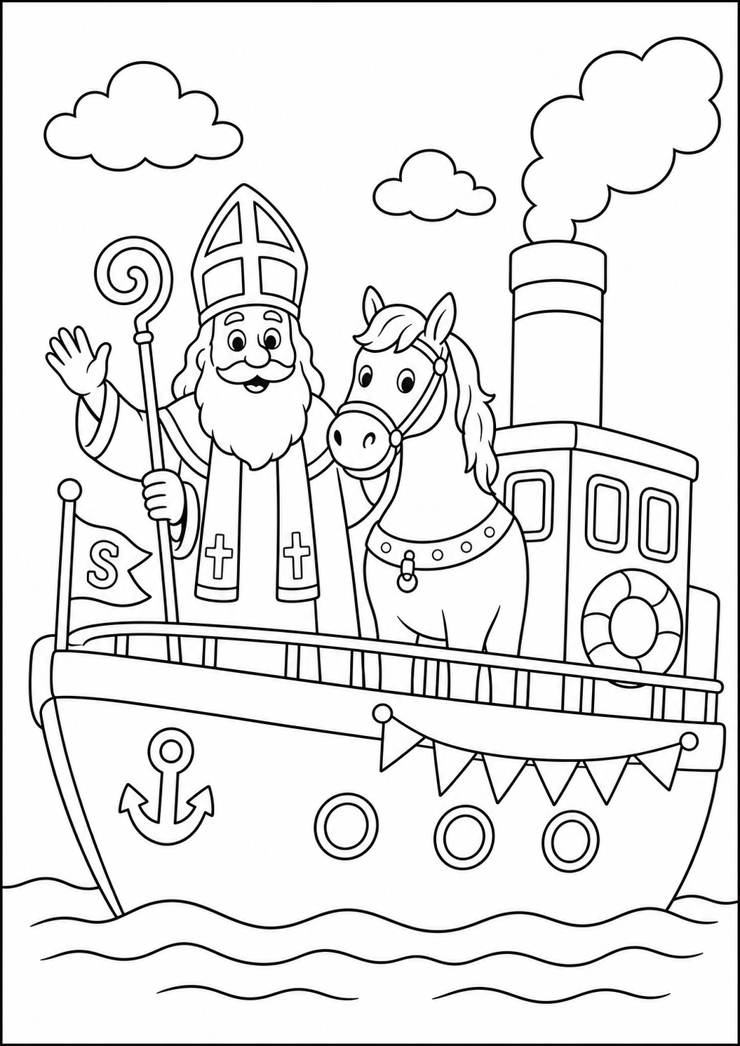 Sinterklaas met paard en stoomboot kleurplaat