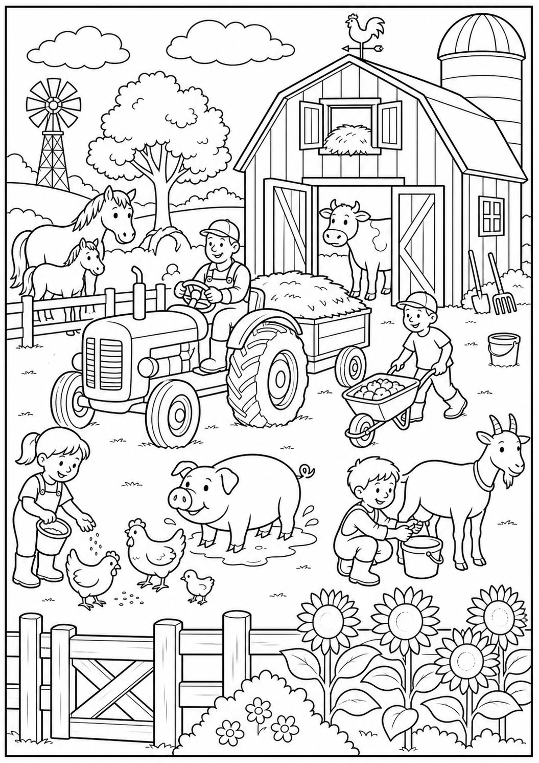 Drukte op de boerderij kleurplaat