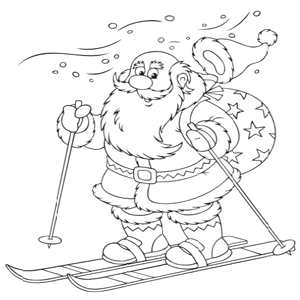 Kerstman op skis kleurplaat