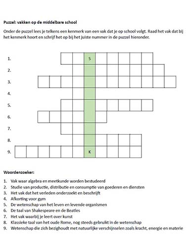 Woordpuzzel schoolvakken op de middelbare school (pdf)