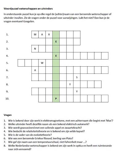 Woordpuzzel over wetenschappers en uitvinders (pdf)